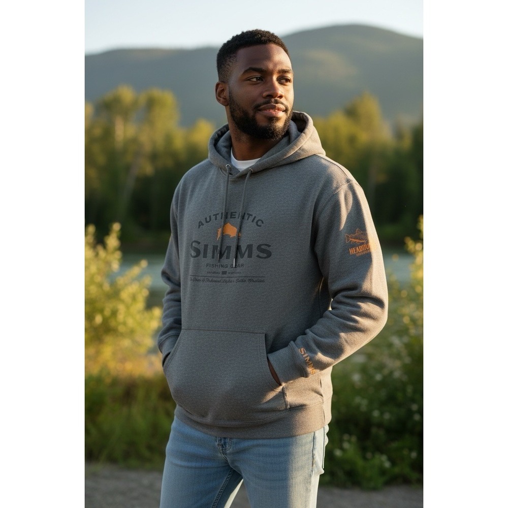 Simms Hoodie Mens 2XL Gray Fishing Products Graphic Pullover Fleece Sweatshirt